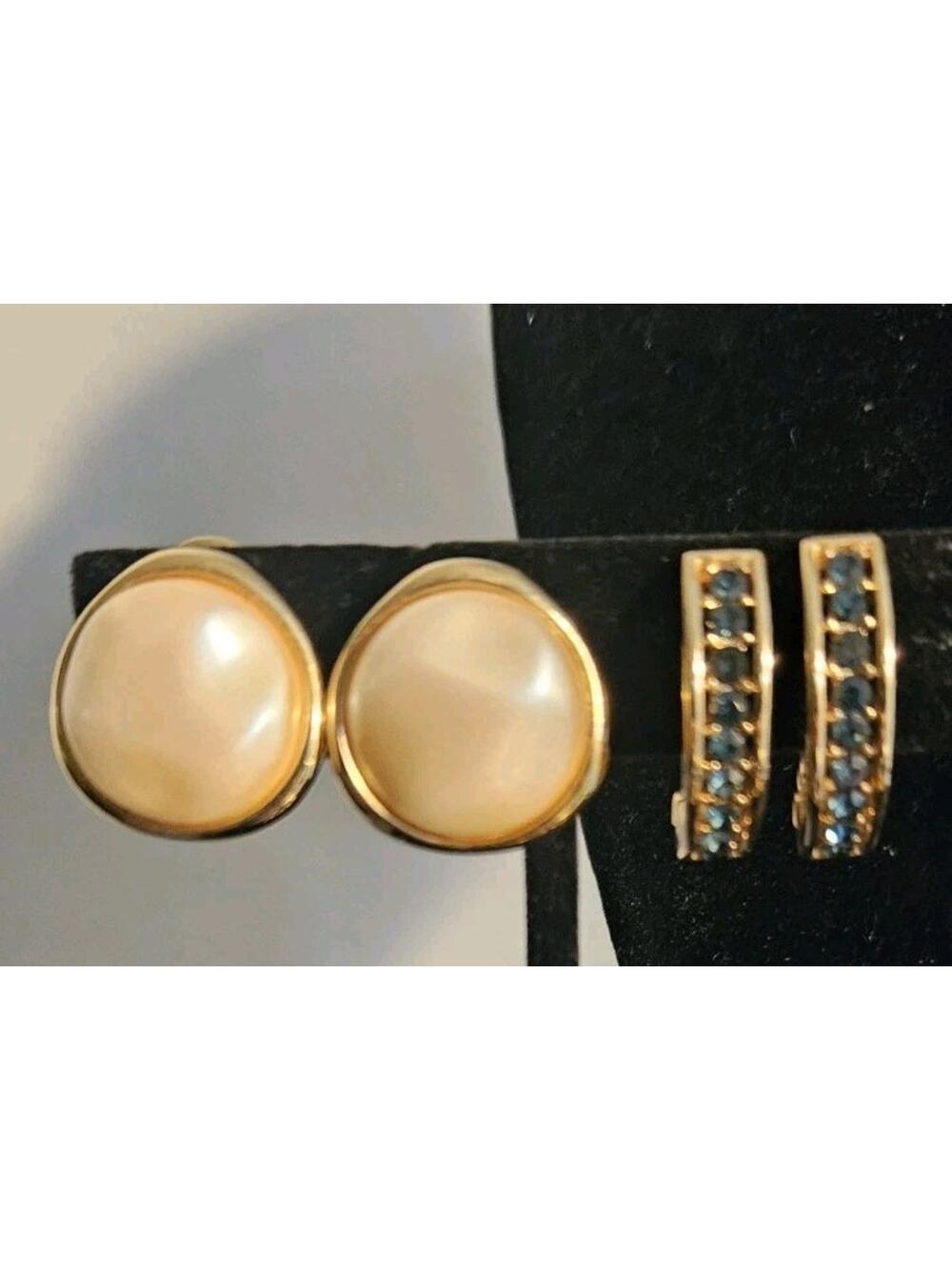 Vintage Monet Clip On Earrings Lot Gold Tone Faux Pearl & Rhinestone Hoop...